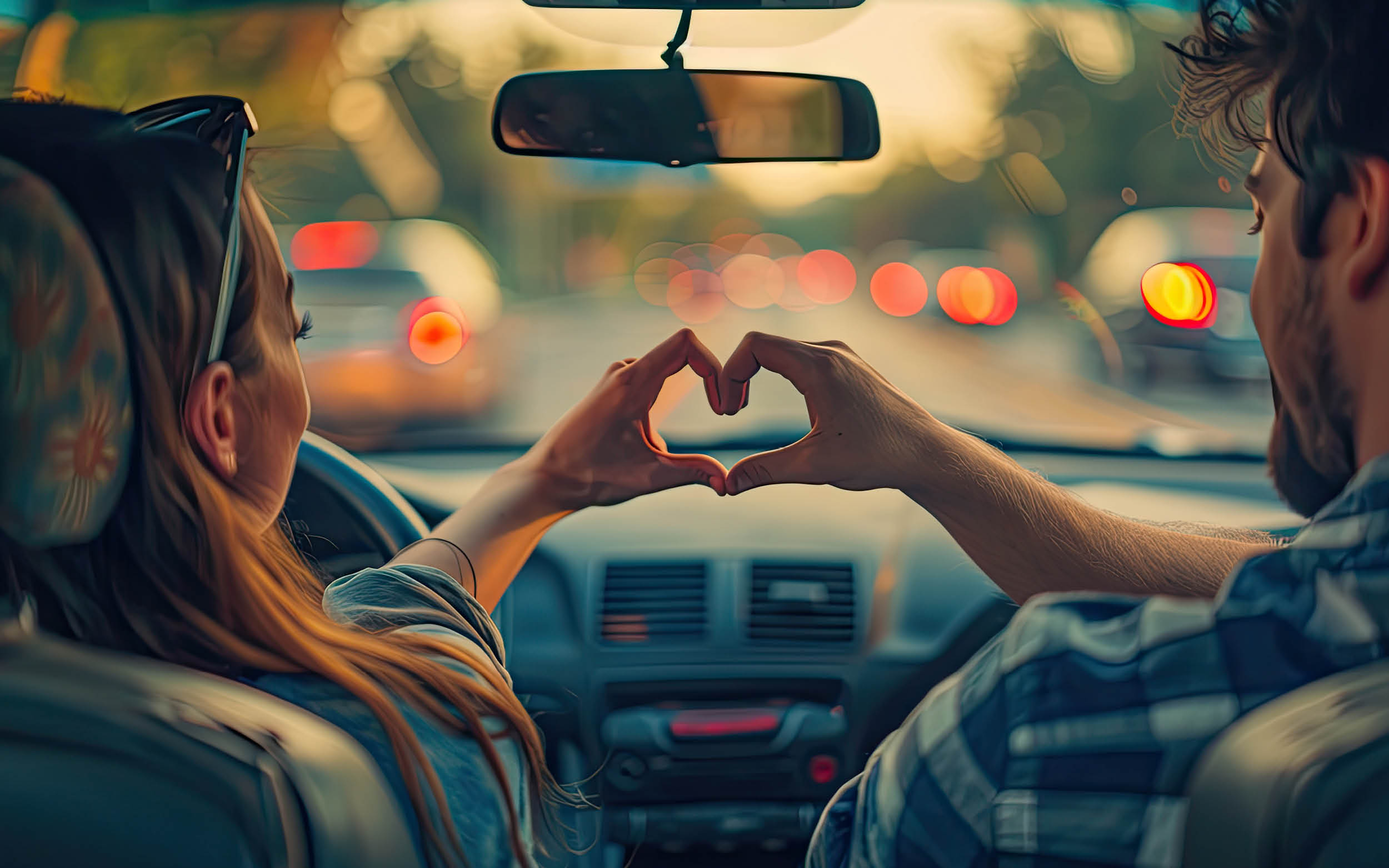 Pärchen sitzt im Auto und bildet ein Herz mit seinen Händen